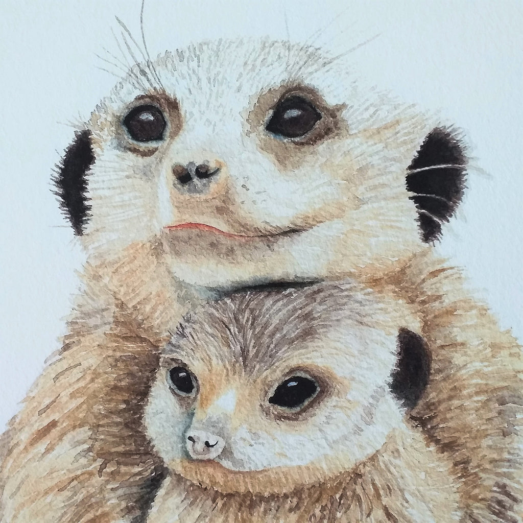 Mother & Baby Meercats Watercolour Art Print - Nic Fleming Art - Hilltop Toys